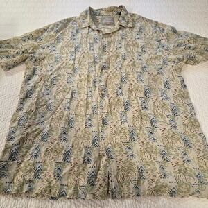 Margaritaville Mens 2XL Silk Linen Abstract Tribal‎ Hawaiian Camp Shirt Beige